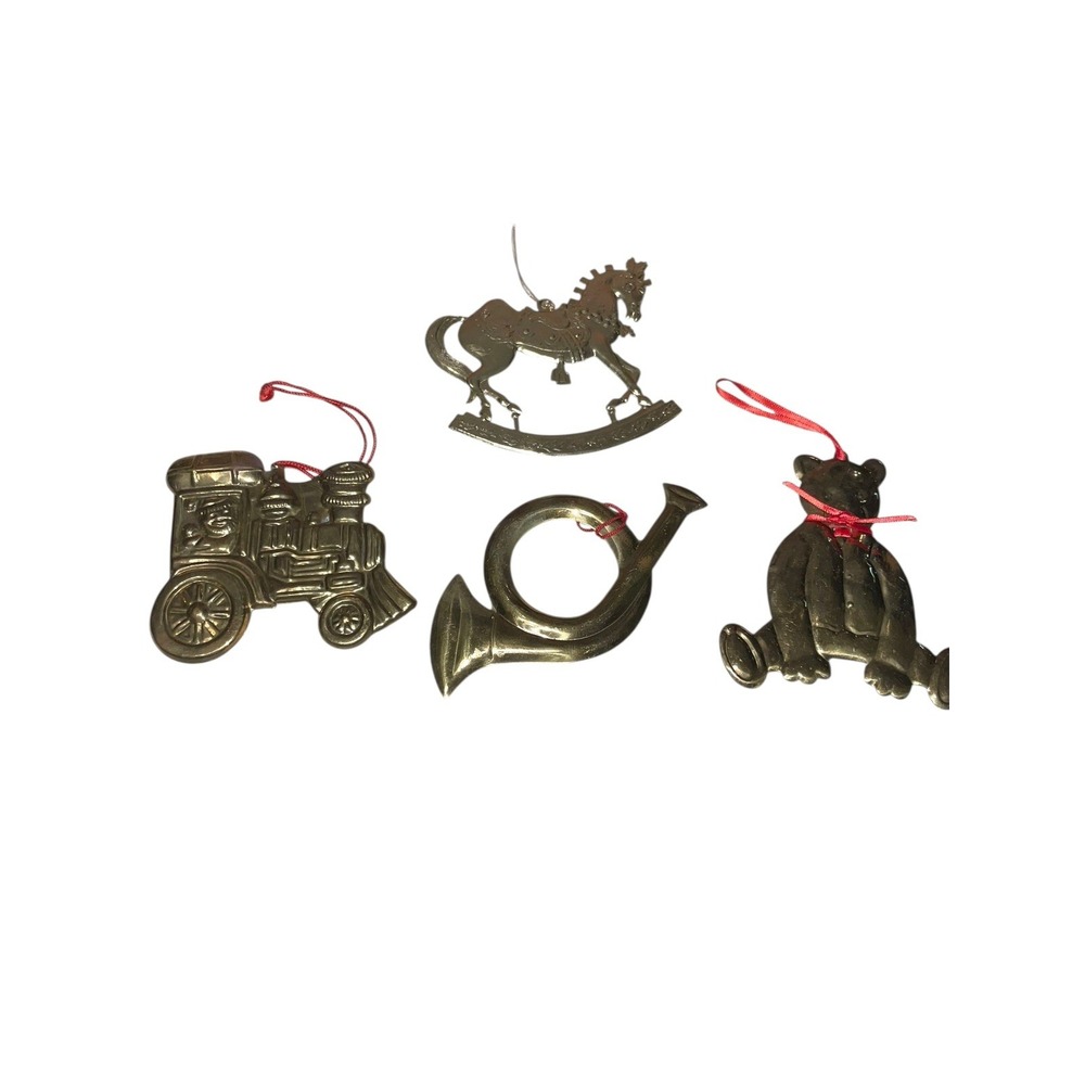 VTG‎ 4 BRASS GOLD ORNAMENTS CHRISTMAS DIE CUT FILAGREE Horse Santa Train Horn